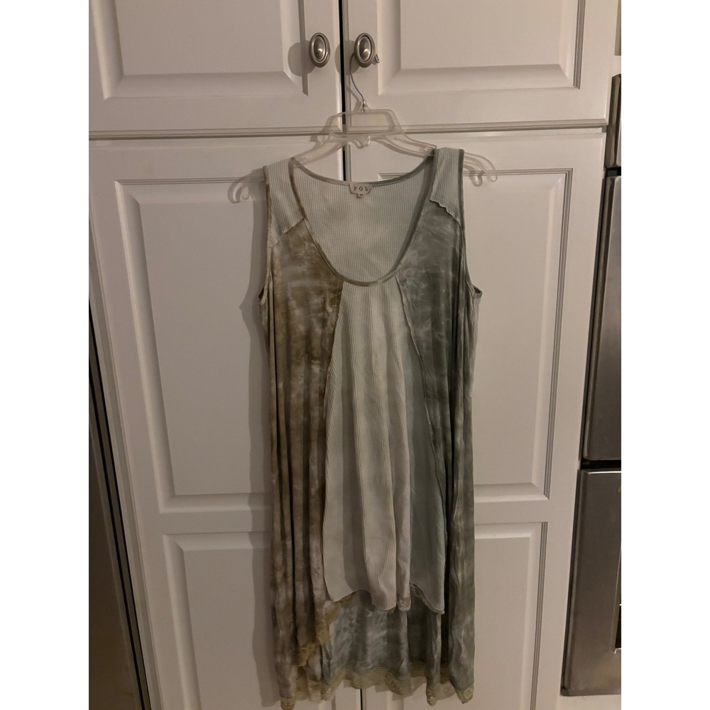 POL Women Sage Tan Tie Dye Waffle Knit Lace Trim High Low Sleeveless Dress M